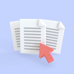 Document 3d render icon. Stack of paper sheet with text and arrow symbol for searching image and video files in database. business and management files concept.