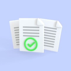 Document 3d render icon. Stack of paper sheet with text and green check mark for confirmed or approved. business and assignment files concept.