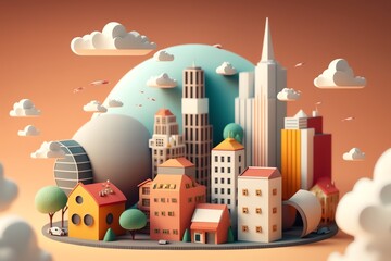 Obraz premium 3D cute mini city, mini world, miniature city, kid style, colorful, houses, hotels, streets, clouds, hill, happy color