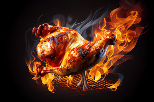 Grilled chicken leg on the grill pan. Generative Ai