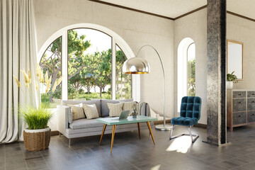 luxurious landhouse countryhouse apartment with arched window and landscape view; noble interior living room design mock up; 3D Illustration