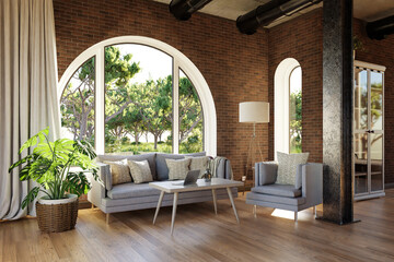 luxurious landhouse countryhouse apartment with arched window and landscape view; noble interior living room design mock up; 3D Illustration
