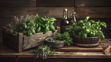 Fototapeta premium Vegetable plants inside a wooden box on a wooden table Generative AI