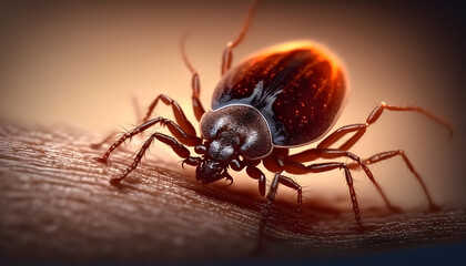 Infected tick on human skin. Ixodes lyme ricinus mite. Dangerous biting insect macro photo. AI generation