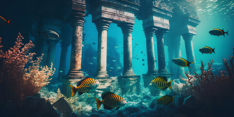Ruins of Ancient city of Atlantis underwater of mythology. Generation AI - obrazy, fototapety, plakaty