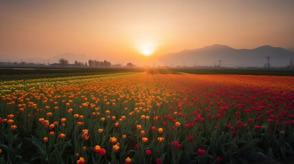 Tulip field at sunset, Generative AI