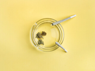 Dry buds of medical marijuana lie in a glass ashtray, next to two cannabis joints different size, on a bright yellow background.  Lots of empty space