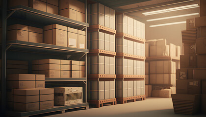 Concept banner center of logistic storage. Forklift with box working in Warehouse industrial premises for storing materials and wood. Generation AI.