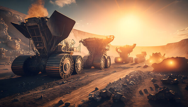 Truck for miner open coal mine with sun light. Generation AI.