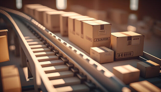 Modern logistics center, moving cardboard boxes on conveyor belt, sunset light. Generation AI