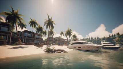 tropical beach with luxury yachts and palm trees. Generative AI