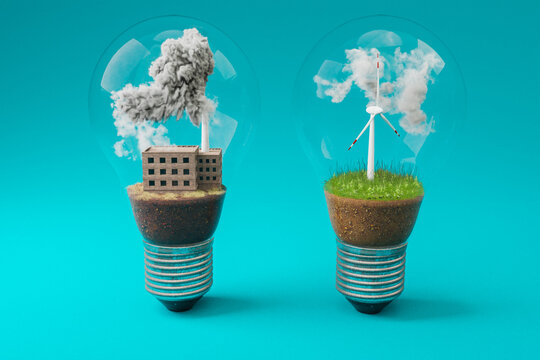 lightbulbs with minature wind turbine and coal-fired power station  inside; green soil and clouds; pollution and smoke; renewable clean energy concept; infinite background; 3D Illustration