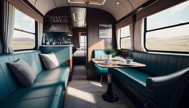 luxury interior in private modern business train railway and sunlight in window. Generation AI
