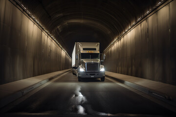 Truck in the tunnel at night. Transportation and logistics concept. Generative AI