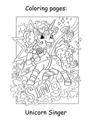 Cute beautiful unicorn singer coloring book vector