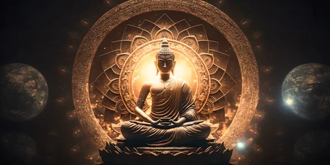 Fotobehang Buddha statue meditate with golden aura on yellow banner dark background with light. Generation AI © Adin