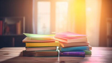 Stack of books in the colored cover lay and open book with old pages on the wooden table and pastel backround. Education learning concept. Generative Ai