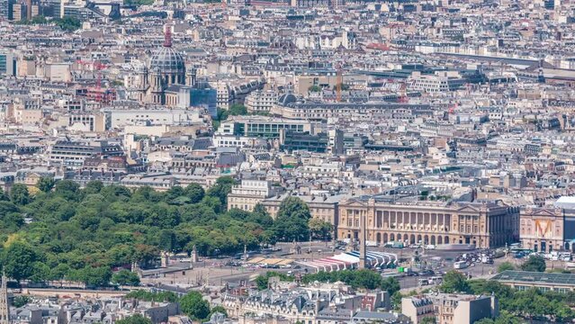 Top view of Paris skyline from above timelapse. Main landmarks of european megapolis with Place de la Concorde and Pantheon. Bird-eye view from observation deck of Montparnasse tower. Paris, France