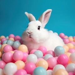 a white rabbit among a lot of decorated colorful eggs with a blue color background