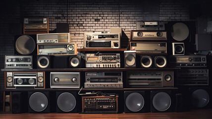 Vintage wall full of radio boombox of the 80s. Generative Ai - obrazy, fototapety, plakaty