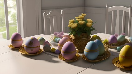 Festive easter dining party table with eggs by generative AI