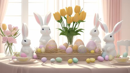 Festive easter dining party table with bunny by generative AI