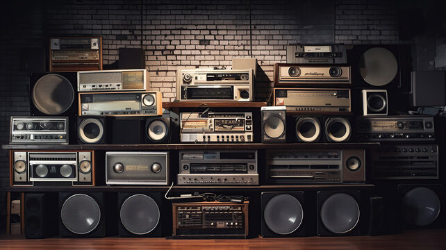 Vintage wall full of radio boombox of the 80s. Generative Ai