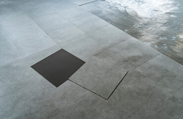 Laying of linoleum or polymer vinyl sheet set for floor. PVC material, Plastic tile set. - obrazy, fototapety, plakaty