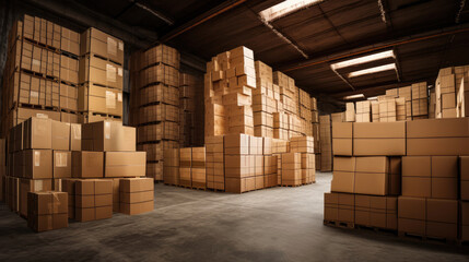 Old style warehouse with cardboard boxes stacked on top of each other. Generative AI
