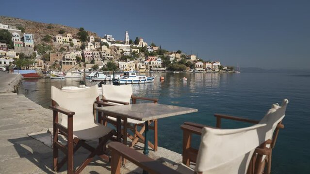 Overlooking bay and Symi Town, Symi Island, Dodecanese Islands, Greek Islands, Greece, Europe