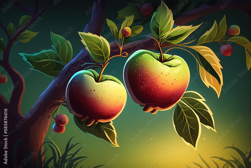 Poster closeup of two apples on a tree at dusk generative ai