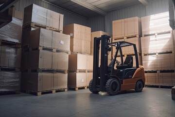 Managing Warehousing with a Forklift in a Large Industrial Shipping Facility: Pallets Laden with Crates, Boxes and Containers. Generative AI