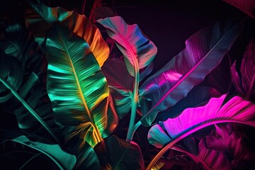 Neon Summer Jungle Party: Fluorescent Night Forest Background Featuring Glitchy Palm Leaves and Green Plant Concept Fashion Layout: Generative AI