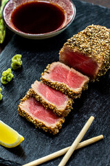 Appetizing yellowfin sesame crusted tuna steak