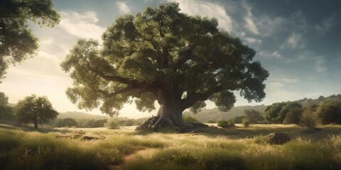 Fototapeta na wymiar A Solitary Green Oak Tree Standing Proudly in a Vast Landscape - Generative AI