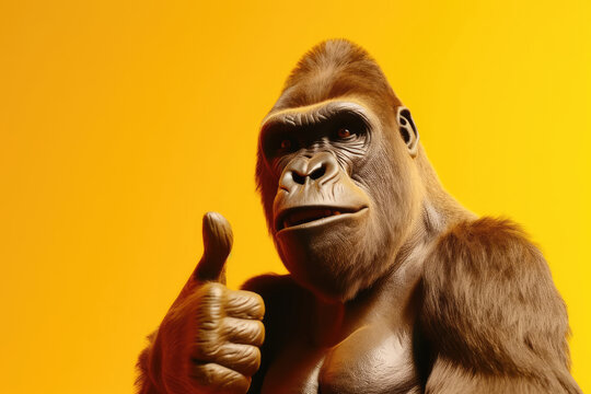 Portrait of a funny big strong gorilla looking into the camera and giving a thumb up, sign of excellent work, isolated yellow background. Generative AI.