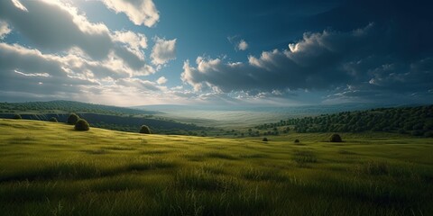 Fototapeta na wymiar Stunning Natural Scenery with Green Field and Blue Sky - Generative AI