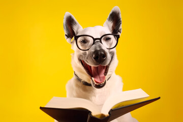 Portrait of a beautiful smart white dog in funny glasses reading a thick book edition on an isolated yellow background. Swiss Shepherd is smiling. Generative AI.