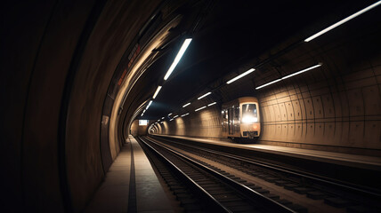 Subway tunnel with blurred light tracks with arriving train in the opposite direction. Generative Ai