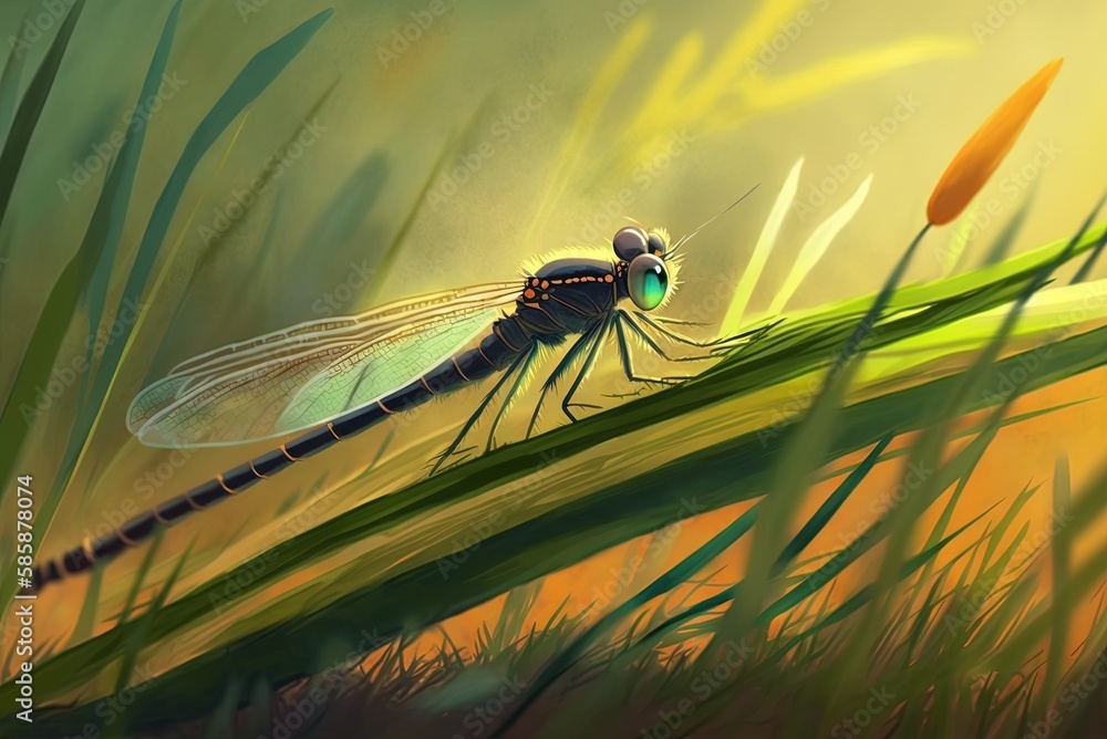 Poster blurred backdrop closeup of a damselfly resting on tall grass in a park generative ai