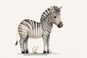 Fototapeta na wymiar A Cute Whimsical Watercolor Children's Book Illustration of a Full View Zebra Isolated in a Soft Color - Generative AI