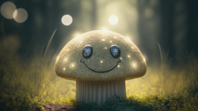 The smiling little mushroom in the forest with the glittering lights around AI generated