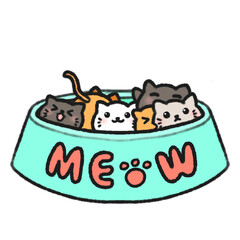 Hand-drawn Cute cat, kitten in blue bowl, Cute animal character design in doodle style
