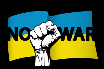 No war Ukraine vector icon. Raised fist no war lettering in blue and yellow Ukrainian national colors. Support Ukraine vector illustration hand drawn