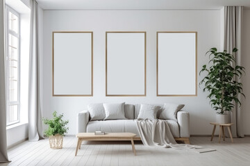 Living room interior with mockup of three wooden empty frames on wall over couch. AI Generated.