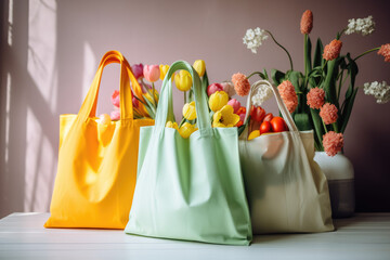 Collection of different colorful reusable shopping bags. AI Generated.