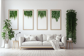 Living room interior with set of wall arts and plants. AI Generated.