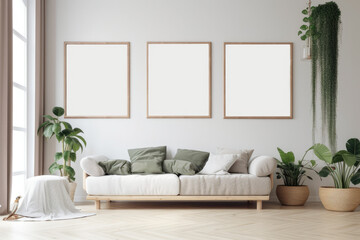Living room interior with set of three wooden frames poster mockup. AI Generated.