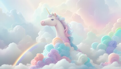 Rainbow mighty unicorn in the cloud sky of fantasy background by generative AI