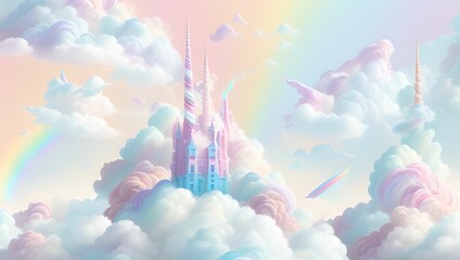 Rainbow unicorn castle in the cloud sky of fantasy background by generative AI - obrazy, fototapety, plakaty